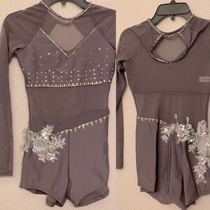 Reverence solo gray Custom rhinestoned dance costume long sleeve PXS (adult XS)